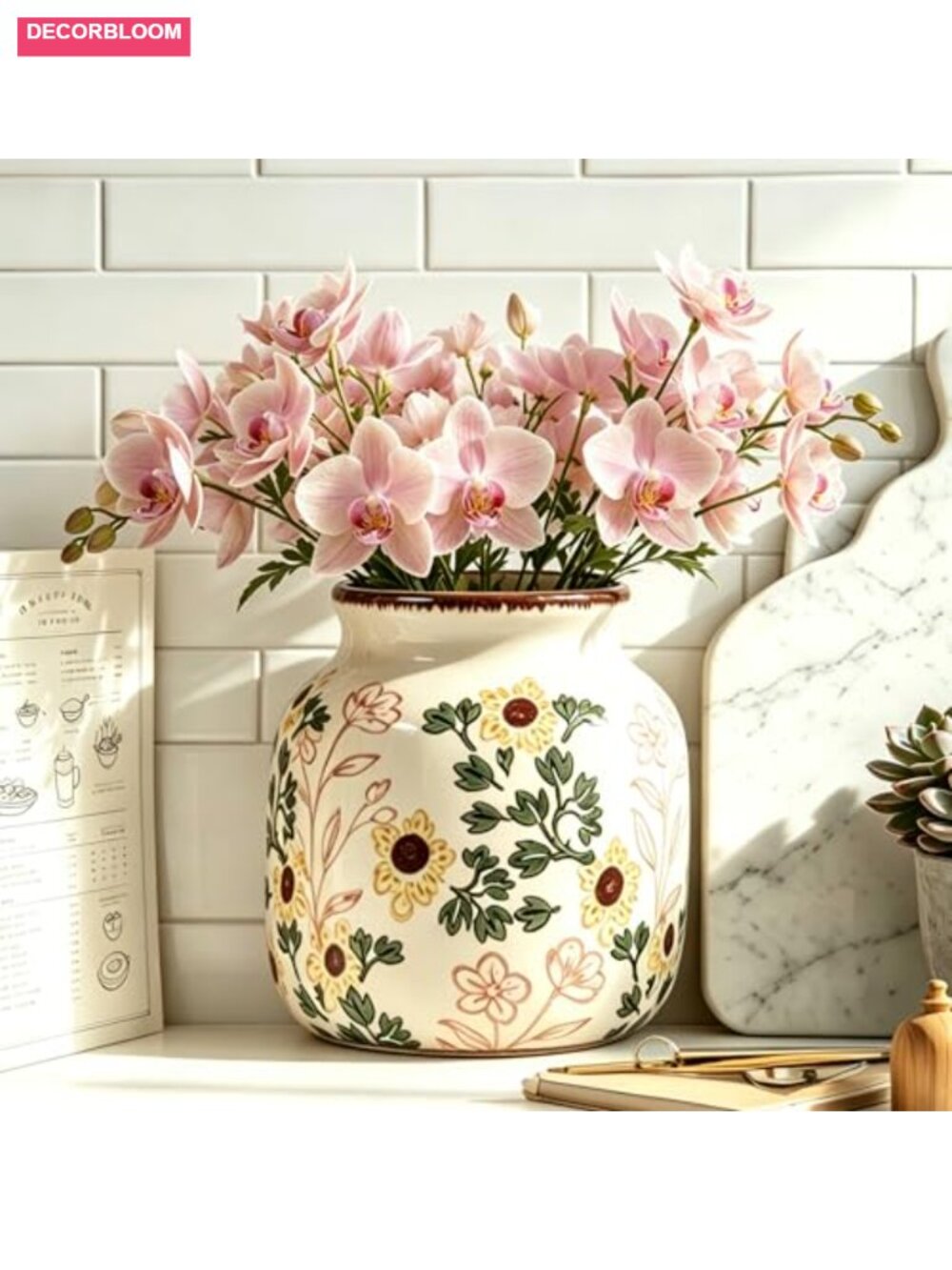 Crackle Glaze Ceramic Utensil Crock with Hand-Painted Flowers, Farmhouse - Picture 3 of 6